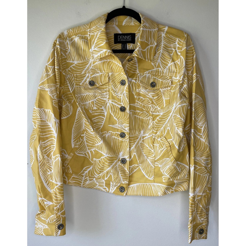 Dennis Basso Jacket Womens 10 Yellow Leaf Print Cotton Linen Trucker Resortwear